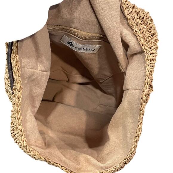 Cappelli Straw Crochet Back Pack Bag/Purse Straw w/Brown faux Leather 10"x9"x6" - Picture 9 of 10
